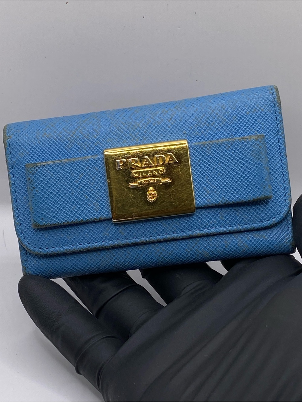 Prada Light Blue Saffiano Leather Card Holder with Gold Plaque